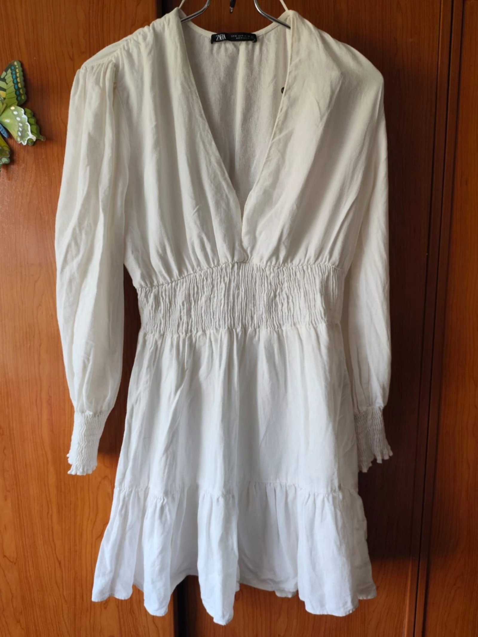 Zara vestido blanco lino-viscosa XS volantes